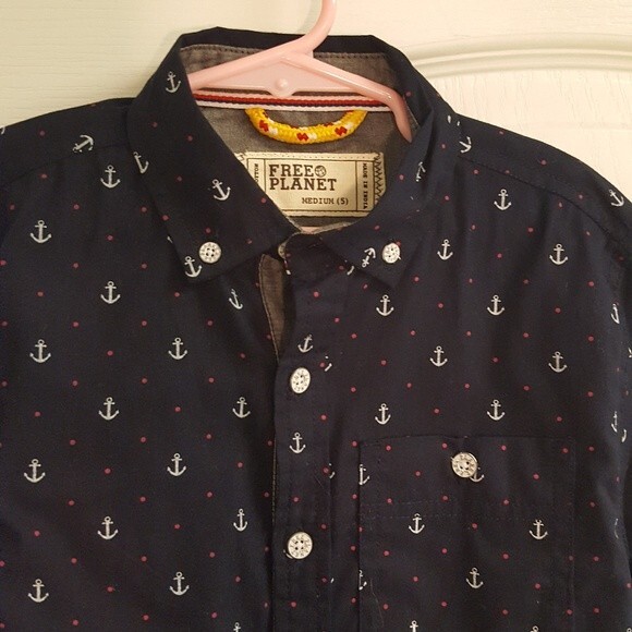 Free Planet Blue Anchor Print Button Up Shirt - Picture 3 of 4